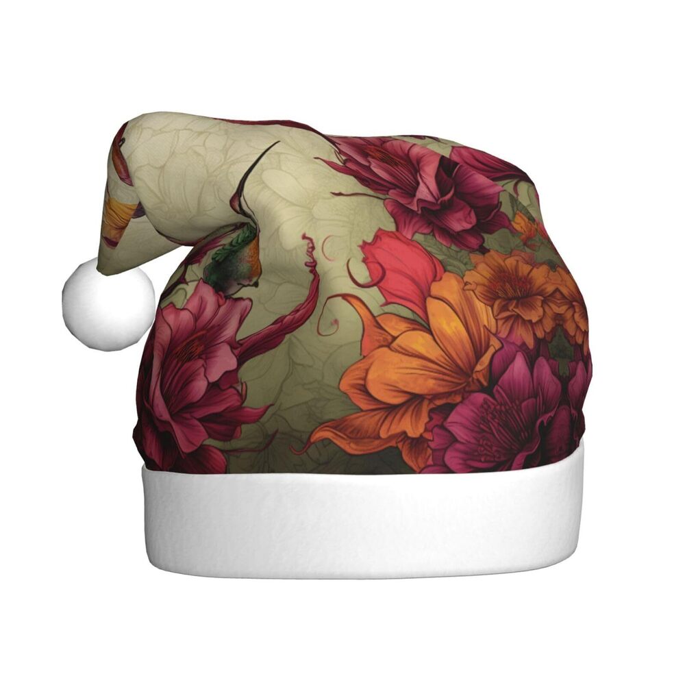 5530 Hummingbirds and Flowers Christmas Hat for Adults, Santa Hats, Holiday